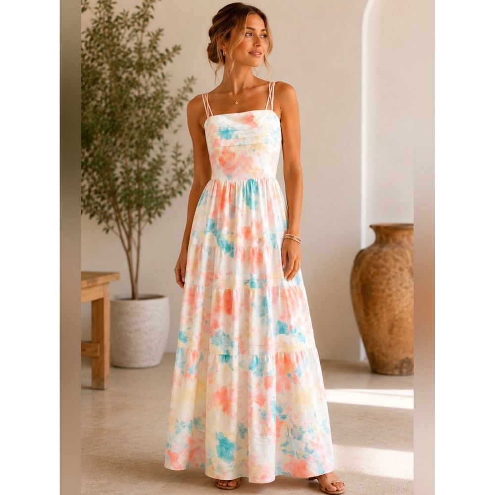 Hyacinth House Watercolor Abstract Tiered Cotton Maxi Dress‎ Pockets Womens L*